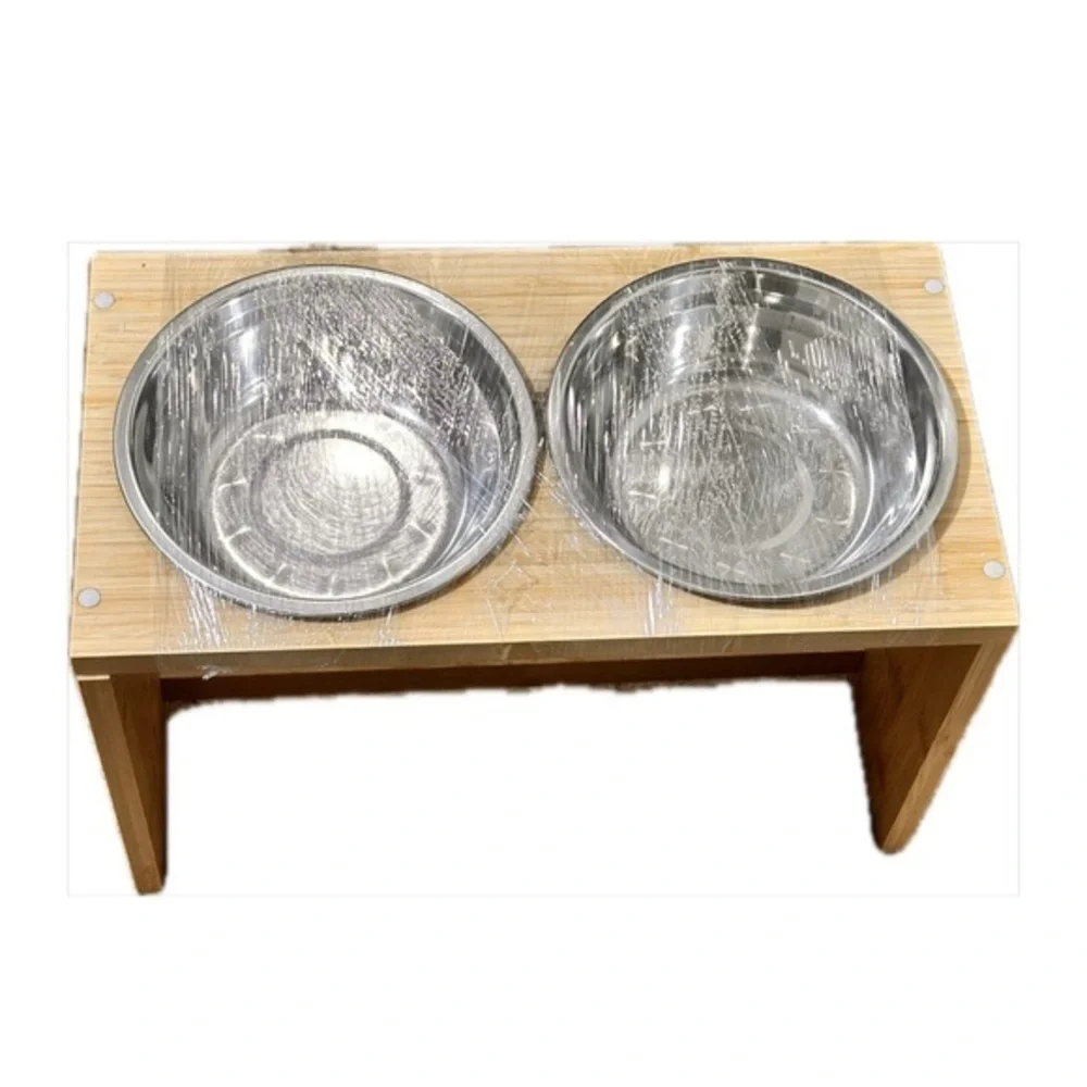Stainless Steel Double Dog Bowl with High Wooden Stand